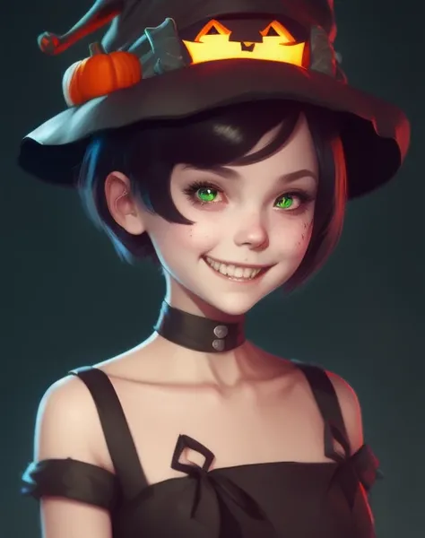 The personification of the Halloween holiday in the form of a cute girl with short hair and a villain's smile, cute girl, cute hats, cute cheeks, unreal engine, highly detailed, artgerm digital illustration, woo tooth, studio ghibli, deviantart, sharp focus, artstation, by Alexei Vinogradov bakery, sweets, emerald eyes