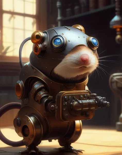 cute robotic rodents steam punk, dramatic light, 4k, hyper realistic, focused, extreme details, unreal engine 5, cinematic, masterpiece, art by studio ghibli, intricate artwork by john william turner