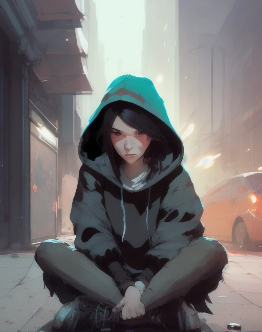 teen girl in hoodie sitting on the floor on the street, by Dustin Nguyen, Akihiko Yoshida, Greg Tocchini, Greg Rutkowski, Cliff Chiang, 4k resolution, detailed render, post-processing, hyperdetailed face, face at camera, epic background