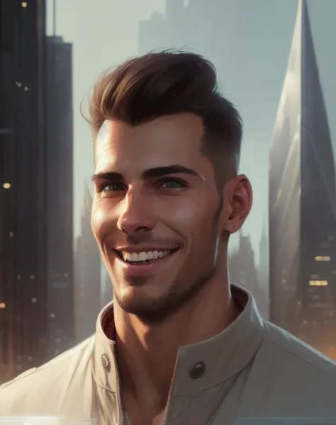 portrait of a young man by Greg Rutkowski, short quiff brown hair, attractive, symmetrical, kind, strong, smiling, manly, nice, highly detailed portrait, bright open eyes, cityscape in background, scifi, realistic digital painting, artstation, concept art, smooth, sharp focus illustration, Artstation HQ, city skyline in background