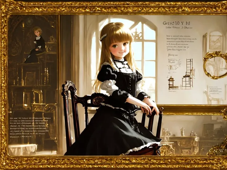 Oil Painting, Victorian (10yo preteen:1.1) cute 1girl, [(petite body:1.1):(huge breasts:1.0):0.2], gothic dress, pov, evocative pose, blonde long hair, cheeky smile, sitting on chair, (INTRICATE, HIGH DETAIL, SHARP:1.1), in luxury room
, (reference sheet:1.2), (infographic, floating object, concept art, blueprint:1.1)
 <lora:1girl_Viscuit10:1>