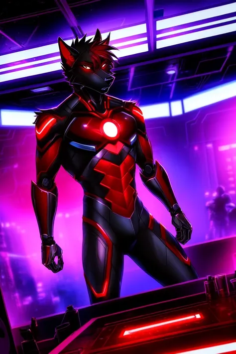 cybernetic furry male, red stage lights, seductive expression, shot photo of the most beautiful artwork of a wolf boy in hero pose,  toned body, [muscles],  (futuristic technology look), slow motion, superhero, punch pose, (inside nightclub), (computer servers in background), terminal,