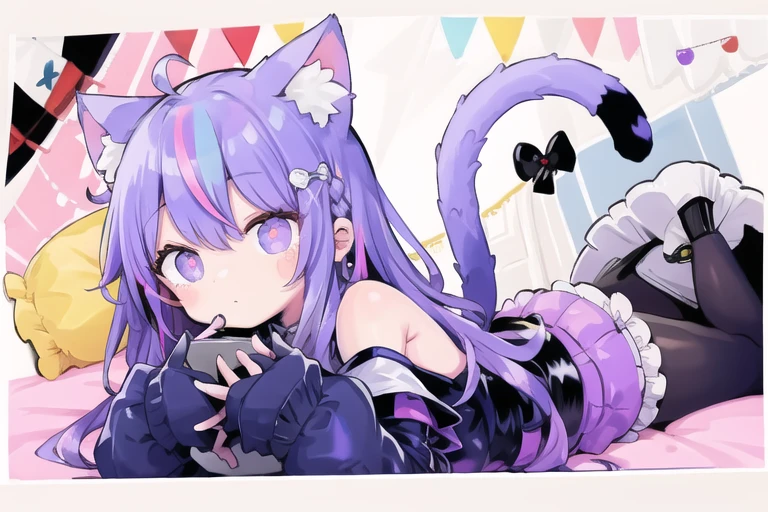 <lora:stylized3DModelLora_v10:0.4>, <lora:yaroArtstyleLora_v10:0.6>, <lora:nukunukuNigirimeshi_10:0.2>, highres, composition, Colorful bed room, (gal), solo, summer, frill, virtual youtuber, cat girl, (multi colored hair, streak hair, shiny), purple hair, cute, <lora:dohnaDohnaGyokai100Style_v10:0.6>, BREAK, clear line, thin line, digital art, <lora:cheshireGirlLora_cheshiregirl:0.3>, masterpiece, <lora:chon_v10:0.5>