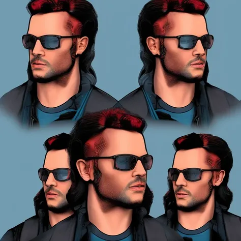 dskyart1, digital art, duskfall crew style, comic book style, flat colors, digital colors, portrait, a man with black and red hair, stubble, blue eyes, blue cyberpunk shirt, looking at the camera, very detailed faces, dskyart1