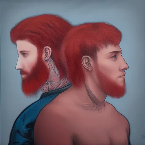 dskyart1  a drawing of two men with red hair and piercings on their ears and shoulders, one with a black shirt and the other with a blue shirt, Adam Dario Keel, synchromism, cyberpunk art, very detailed faces dskyart1