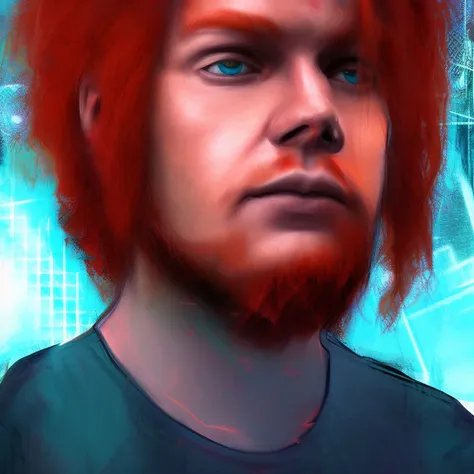 dskyart1, digital art, a man with red hair, blue cyberpunk shirt, looking at the camera,  very detailed faces, rim lighting,  dskyart1