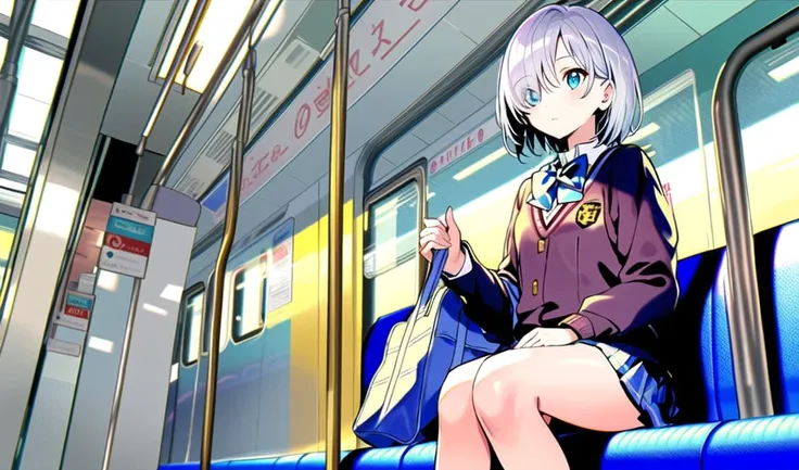 [hecy:10],(masterpiece:1.3),(the best quality:1.2),(super fine illustrations:1.2),high quality, high detail,dappled sunlight,FULL BODY,(front_view:1.5), Animated cute girl,a girl sit
,solo,(full-body:1.2)

(masterpiece),( best quality),concept art,
(1girl holding school bag on train interior has hair over one eye),expressionless,(shiny skin),((sitting)),(detailed long legs),short silver hair,(blue socks),shoes,skirt,school uniform, blue bowtie, blue bow,thighs,(from deeep below:1.5),hand

masterpiece, best quality,extremely detailed,detailed,(Delicate face),look at viewer,,perfect and delicate limbs,,very delicate light, perfect and delicate limbs,[hands painted by Rembrandt],(art by Granblue Fantasy:0.35),(hand1.3),