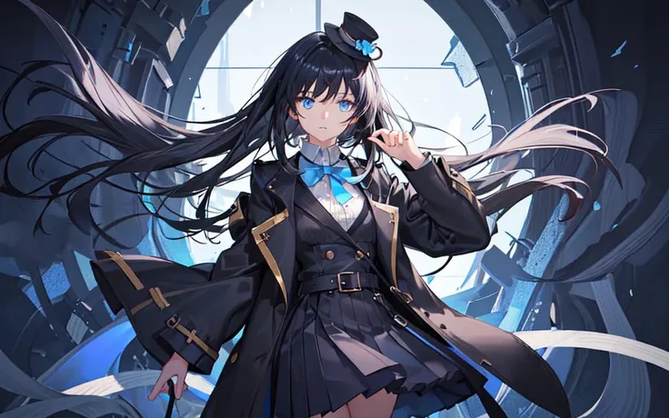 (best quality, masterpiece),(1girl, trench coat,expression face, blue eyes, looking at viewer, black hair, closed mouth, dress shirt, black skirt, hand at viewer), (less blue light, swrling many blue glass pieces behind, floating objects, night sky)