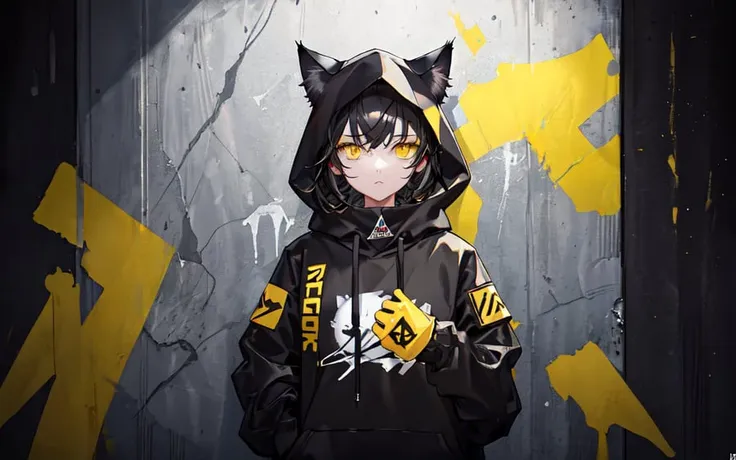 (best quality, masterpiece), (1girl, solo, cat ear black hood, standing, yellow eyes, black hair, leaning, upper body), (less light, black yellow room, Yellow graffiti behind, disorderly spray cans),