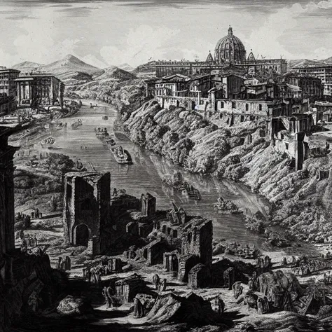 (ILSGiovanniBattistaPiranesi) ruined city on a hill and a river