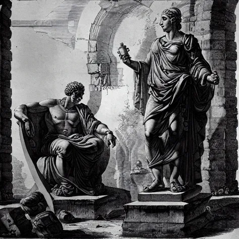 a black and white drawing of a statue of a man and princess woman and man in a place