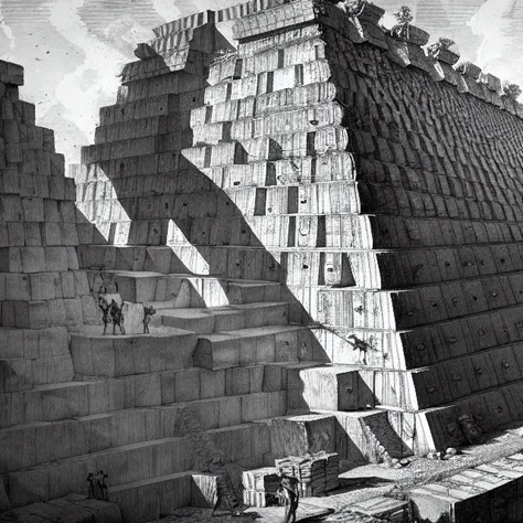 a black and white drawing of a man standing in front of a pyramid with a man on a horse in front of the top of it, greeble detail, staggered terraces, 1800 photograph, gigantic scale, greyscale, monochrome, scenery, traditional_media, building, city, tree, hat