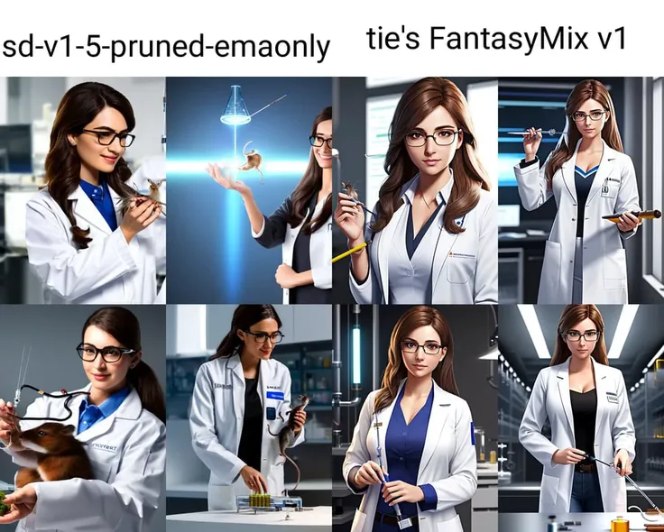 extremely detailed CG unity 8k wallpaper full shot body photo of a beautiful young scientist woman with brown hair wearing glasses in a while lab coat holding a ((thin rat)) and (a needle), by midjourney, realism, beautiful and detailed lighting, shadows