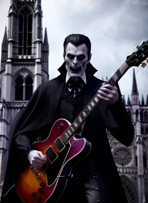 Hyperrealistic goth creepy Dracula playing a guitar in front of a gothic cathedral, vivid colors, trending on artstation, octane render, 8k UHD, 4k HDR