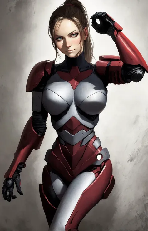 sketch masterpiece, cowboy shot, (dynamic pose), night messy room, light smile, best quality, (1girl) (ninja exoskeleton power armor bodystocking) woman, small breasts (leg armor), white asymmetrical hair blunt bangs, short hair with long locks, (ponytail hair), eyeliner, sparkle eyes, perfect face, beautiful nose, detailed pupil, beautiful eyes, detailed eyes, expressive eyes, Casey Baugh, Michael Garmash, Donato Giancola, colored skin background, (anime) (pixar) [boku no hero academia], by Jeremy Lipking