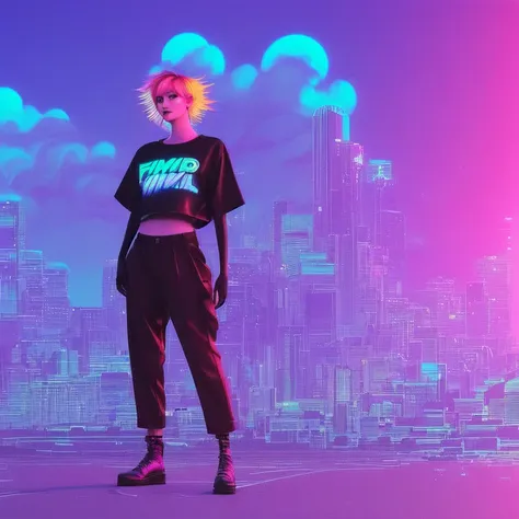 femboy in a long tshirt,  punk makeup, vaporwave elements, digital illustration, naoko takeuchi style,  tokyo sunset,wild hair colors, trending on arstation, synthwave, city punk, vivid colors, rim lighting, octane render, vapodusk1