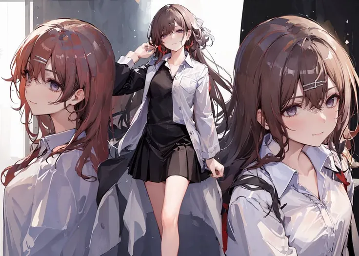 (masterpiece, best quality, ultra-detailed, highres), (perfect face, sidelighting, lustrous skin, finely detailed beautiful eyes),  <lora:characterMadoka_v10:0.6>, white shirt, <lora:thaiUniversity_v10:0.8>, skirt, red hairpin, brown hair,