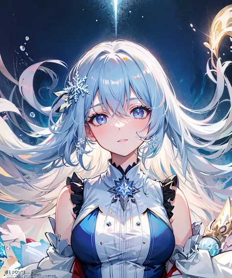 ((best quality)), ((masterpiece)), ((ultra-detailed)), (illustration), (detailed light), (an extremely delicate and beautiful), a girl, cute face, upper body, two legs, long dress, (beautiful detailed eyes), stars in the eyes, messy floating hair, colored inner hair, Starry sky adorns hair, (lots_of_big_colorful_Bubble), [pearl], [Galaxy], depth of field,[ice crystal], (snowflake)