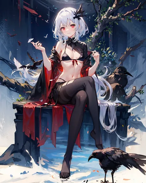 <lora:lightAndShadow_v10:0.4>, 1girl,white hair,long bangs,belt,crow, black cape ,black pantyhose,red eyes, bikini bra,medium breasts,feather hair ornament,dark forest ,grey panties ,hair flower,hand on leg,looking at viewer ,black pantyhose,((see-through)),sitting in tree,branch,underwear,light smile ,night,full body, full moon, crow,