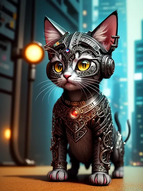 a cute kitten made out of metal, cyborg, cyberpunk style, ((intricate details)), hdr, ((intricate details, hyperdetailed)), cinematic shot, vignette