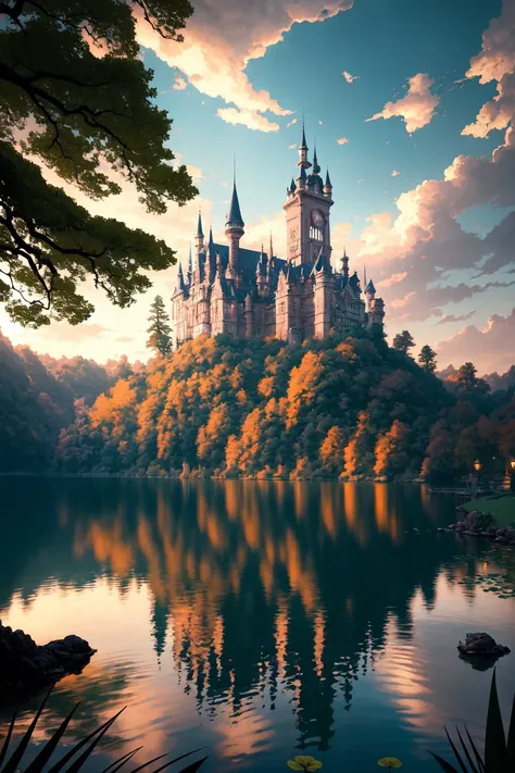 gothic castle yard with a lake and lush plants, fantasy art, by greg rutkowski, loish, rhads, ferdinand knab, makoto shinkai and lois van baarle, ilya kuvshinov, rossdraws, tom bagshaw, beautiful, cinematic, elegant, hyperrealistic, octane render, unreal, high definition, 8k resolution, highly detailed, photo taken with Sony a7R camera, DSLR lens,