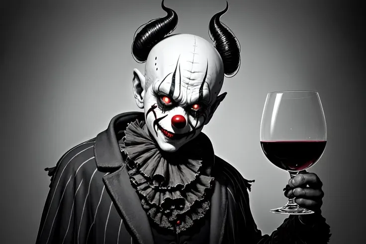 a creepy clown holding a glass of wine in his hand and looking at the camera with a creepy look on his face, Eddie Mendoza, dark fantasy art, a character portrait, gothic art, epic fantasy, concept art, detailed, photorealistic, 8k, character design, realistic
