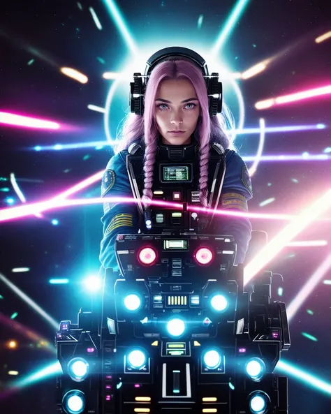 award winning waist up photo of a beautiful sexy dark science fiction space marine, wearing scratched and dented space marine gear, long blue hair, pink eyes, inside spaceship cockpit, electronic circuits hanging loose in background, flashing control panel in foreground, science fiction, action, dark, tools on floor in background, dark red lighting, high contrast, shiny skin, backlighting, bloom, light sparkles, chromatic aberration, sharp focus