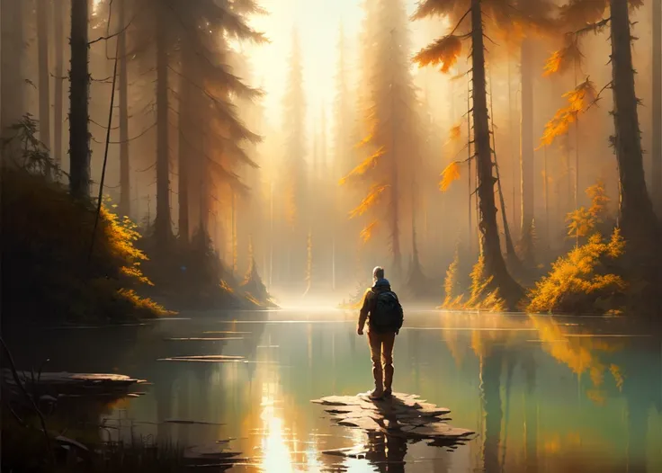 oil painting of a hiker standing by a stunning lake, bright warm lighting, soft focus, light fog, volumetric lighting, masterpiece, trending on artstation, highres, epic composition, forest