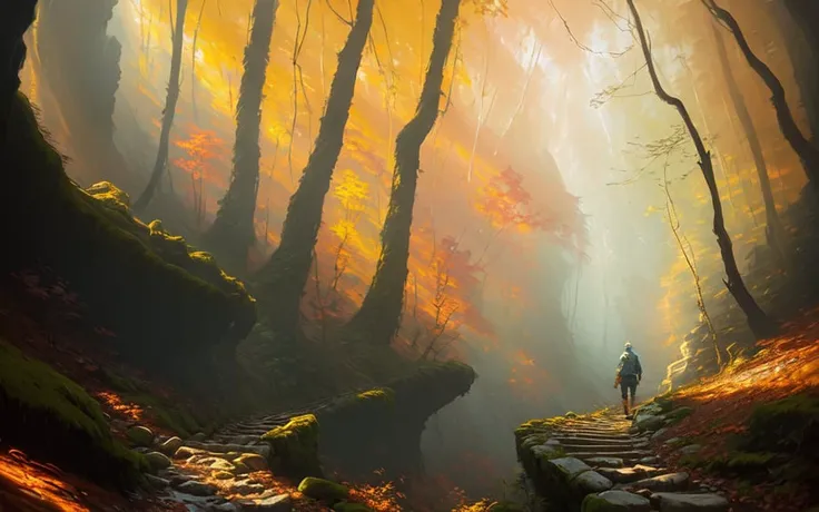 oil painting of a hiker walking in a stunning ravine, bright warm lighting, soft focus, light fog, volumetric lighting, vivid colors, masterpiece, trending on artstation, highres, epic composition