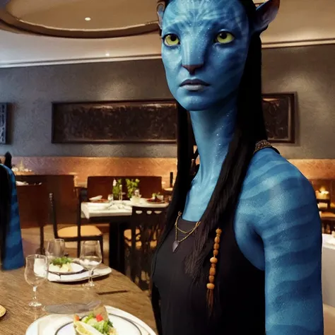 (Avatar style), woman, black dress, restaurant