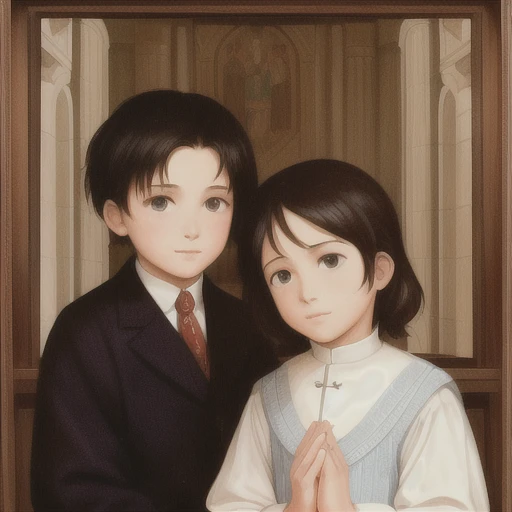 portrait of two boys, siblings, church, praying, E. Charlton Fortune