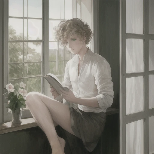 portrait of a beautiful man, green eyes, curly short blonde hair, dove flying, looking out window, loose white poet shirt, bare feet, Anton Mauve