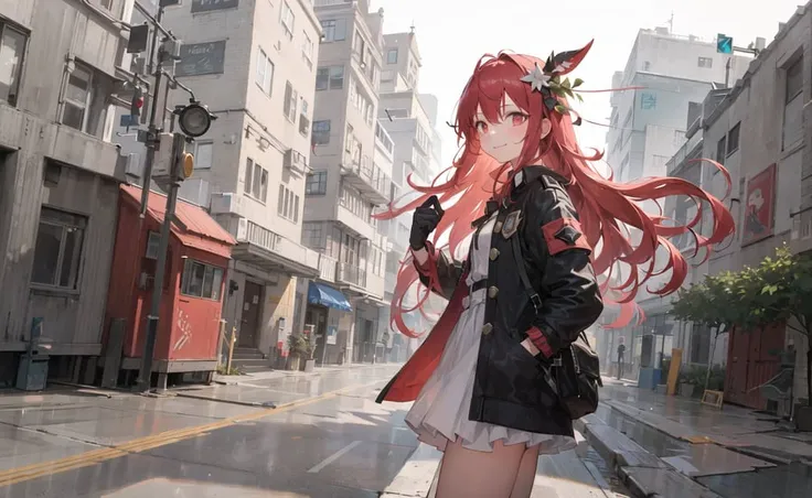 ((masterpiece,best quality)),1girl, long hair, red hair, solo, dress, red eyes, looking at viewer, long sleeves, standing, building, white dress, gloves, hair ornament, black jacket, smile, floating hair, dutch angle, closed mouth, looking away, outdoors
