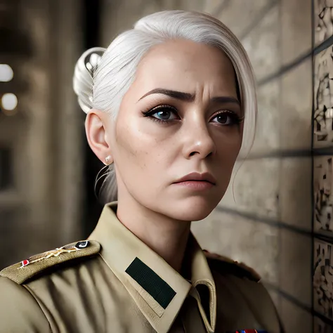 Woman, ((((cinematic look)))), soothing tones, insane details, intricate details, hyperdetailed, exposure blend, hdr, freckles, close up, amber eyes, portrait, hair between eyes, hair ornament, bow-shaped hair, looking at viewer, white hair, military uniform, shirt, solo, tile floor, tile wall, tiles, two side up