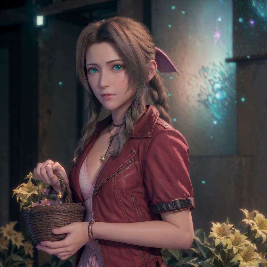 <lora:aerith_v1:0.8>,<lora:finalFantasyVIIRemake_v1:0.1>, ((photorealistic:1.4)),CG, best quality, masterpiece, illustration, extremely detailed ,extremely detailed CG unity 8k wallpaper, Amazing, finely detail,best quality, incredibly absurdres,
extremely detailed beautiful detailed 1girl,aerith_gainsborough,solo,full-body shot, green light texture,light on face, short red_jacket ,(pink longuette:1.2),long hair,necklace,jewelry,blackish green eyes,holding_basket,lips,westerner, extremely detailed green eyes , (extremely detailed pupils:1.3),
looking_at_viewer,smile
,((background,graden,flowers,glowworm:1.2,Turquoise starry sky,galaxy, Sparkling stars,dark night:1.3,))