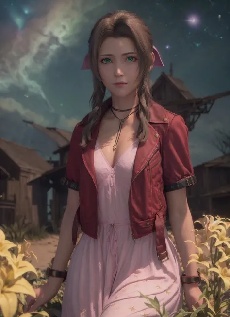 <lora:aerith_v1:0.8>,<lora:finalFantasyVIIRemake_v1:0.15>, ((photorealistic:1.4)),CG, best quality, masterpiece, illustration, extremely detailed ,extremely detailed CG unity 8k wallpaper, Amazing, finely detail,best quality, incredibly absurdres,
extremely detailed beautiful detailed 1girl,aerith_gainsborough,solo,full-body shot, light on face, short red_jacket ,(pink longuette:1.2),long hair,necklace,jewelry,blackish green eyes,lips,westerner, extremely detailed green eyes , (extremely detailed pupils:1.3),
looking_at_viewer,smile
,((background,graden,flowers,glowworm,Turquoise starry sky,galaxy, Sparkling stars,dark night:1.3,))