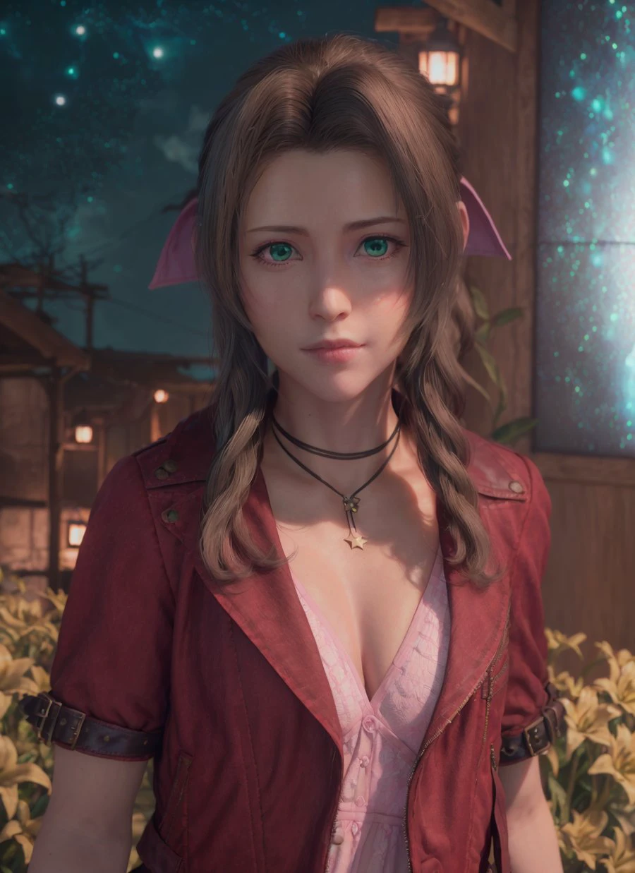 <lora:aerith_v1:0.8>,<lora:finalFantasyVIIRemake_v1:0.15>, ((photorealistic:1.4)),CG, best quality, masterpiece, illustration, extremely detailed ,extremely detailed CG unity 8k wallpaper, Amazing, finely detail,best quality, incredibly absurdres,
extremely detailed beautiful detailed 1girl,aerith_gainsborough,solo,full-body shot, light on face, short red_jacket ,(pink longuette:1.2),long hair,necklace,jewelry,blackish green eyes,lips,westerner, extremely detailed green eyes , (extremely detailed pupils:1.3),
looking_at_viewer,smile
,((background,graden,flowers,glowworm,Turquoise starry sky,galaxy, Sparkling stars,dark night:1.3,))