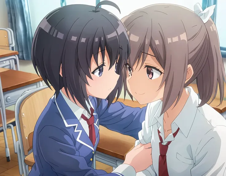 ((((white bow)))), BoSally unfirom white shirt BoMaple uniform blue sui, yuri, in classroom, 4K wallpaper, beautiful eyes