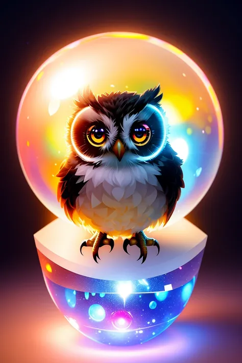 A cute adorable baby owl made of crystal ball with low poly eye's surrounded by glowing aura, flamming sparkles highly detailed intricated concept art trending artstation 8k