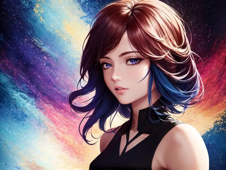 ((best quality)), ((masterpiece)), ((realistic)), synthwave, retro, woman, multicolored hair, abstract, high resolution, detailed