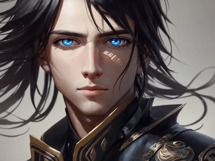 ((best quality)), ((masterpiece)), ((realistic)), man with black hair, blue eyes, black coat, fantasy, kingdom, detailed face, detailed eyes, illustration, highly detailed, sharp focus, digital render, professional, 4k, artstation