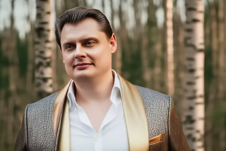 ((close-up)) photo of evgenii-ponasenkov in jacket with copper patterns, in a birch forest, birds, wet grass, high contrast, slate gray, ruddy sky, thoughtful look, elegant pose, beautiful look, bokeh, very detailed, 50mm