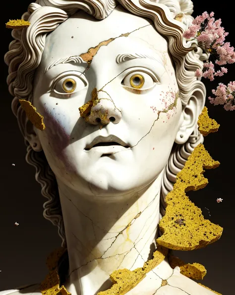 realistic 8k digital painting of a stunning intricate cracked multicolored milky marble Ancient Female Statue design Bernini Sculpture. Kintsugi. Angry wasps in the cracks and flying around. by Daytoner, Greg Tocchini, Yoshitaka Amano. sentient mycelium and misty xparticles. Scattered Cherry blossoms Hyperrealism. Subsurface scattering. Octane Render