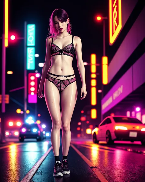 street girl bitch, bow, bra, breasts, cowboy_shot, floral_print, lace, lace_bra, lace_panties, lingerie, lips, long_hair, makeup, navel, thong_panties, parted_lips, photo_\(ultra\), photorealistic, realistic, black_bra, red_lips, black_pink_panties, solo, standing, stomach, underwear, in neonlights, cyberpunk city, night, in the road, heavy raining, wet transparent underwear, wet hair, minimal fog, fog lights, raindrops, wet camel toe panty, nice pussy, wet panty,(SEMI-SILHOUETTE light:1.1), (raytracing:1.1), (cryengine:1.1), (skin detail:1.1),(photrealistic:1.1)