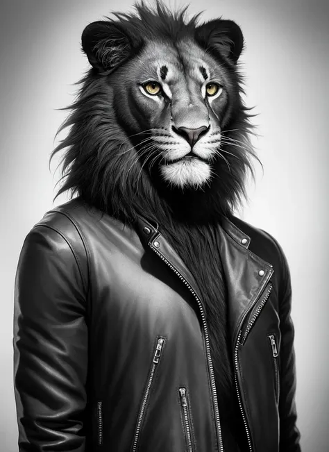 ultra realistic photograph, RAW professional photograph, 1A Hyper-realistic anthropomorphic black lion, wearing a biker jacket, intricate, elegant, highly detailed, centered, smooth, sharp focus,