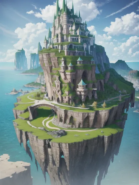 a stunning wide angle view of an ancient fantasy castle built with rock bridges on top of a green stone island in the middle of a deep green wavy sea, sun through majestic clouds, highly detailed rock structures, artistic composition, sharp focus on houses, intricate concept art, digital painting, colorful flat surreal design, hd, 8k, artstation, ambient lighting