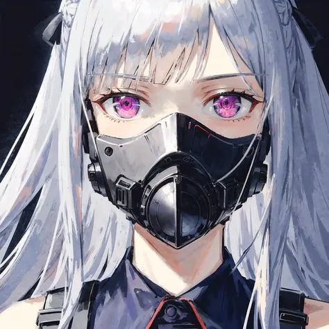 ak-12 \(girls' frontline\), artificial eye, bangs, french braid, glowing eyes, grey hair, long hair, mask, (mouth mask:1.1), mechanical eye, purple eyes, solo, (face focus:1.2), (close-up:1.2)