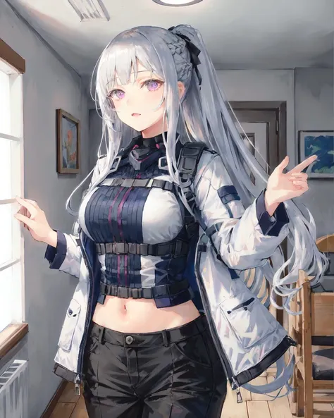 ak-12 \(girls' frontline\), 1girl, bangs, black pants, braid, mechanical eye, purple eyes, artificial eye, french braid, grey hair, heart, high ponytail, jacket, large breasts, long hair, midriff, sidelocks, solo, tactical clothes, white jacket, indoors