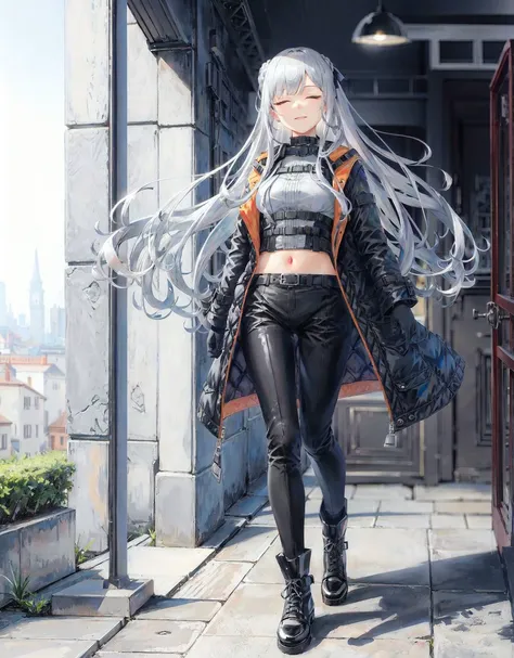 ak-12 \(girls' frontline\), ankle boots, bangs, belt, grey hair, black footwear, black gloves, black jacket, black pants, boots, closed eyes, midriff peek, closed mouth, collar, facing viewer, french braid, full body, gloves, jacket on shoulders, long hair, long sleeves, medium breasts, open clothes, open jacket, pants, smile, solo, straight hair, underbust