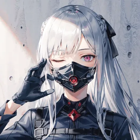 ak-12 \(girls' frontline\), 1girl, artificial eye, bangs, black gloves, blood, braid, french braid, gloves, glowing eyes, grey hair, hand up, long hair, long sleeves, looking at viewer, (mouth mask:1.2), mechanical eye, one eye closed, partially fingerless gloves, portrait, purple eyes, ribbon, sidelocks, solo